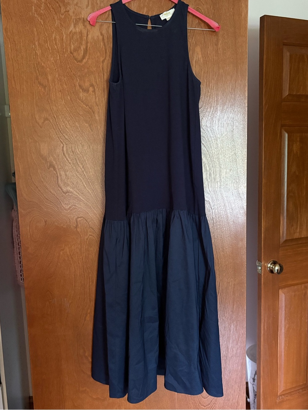 Anthropologie Maeve Navy Dress with Gold Label Accent